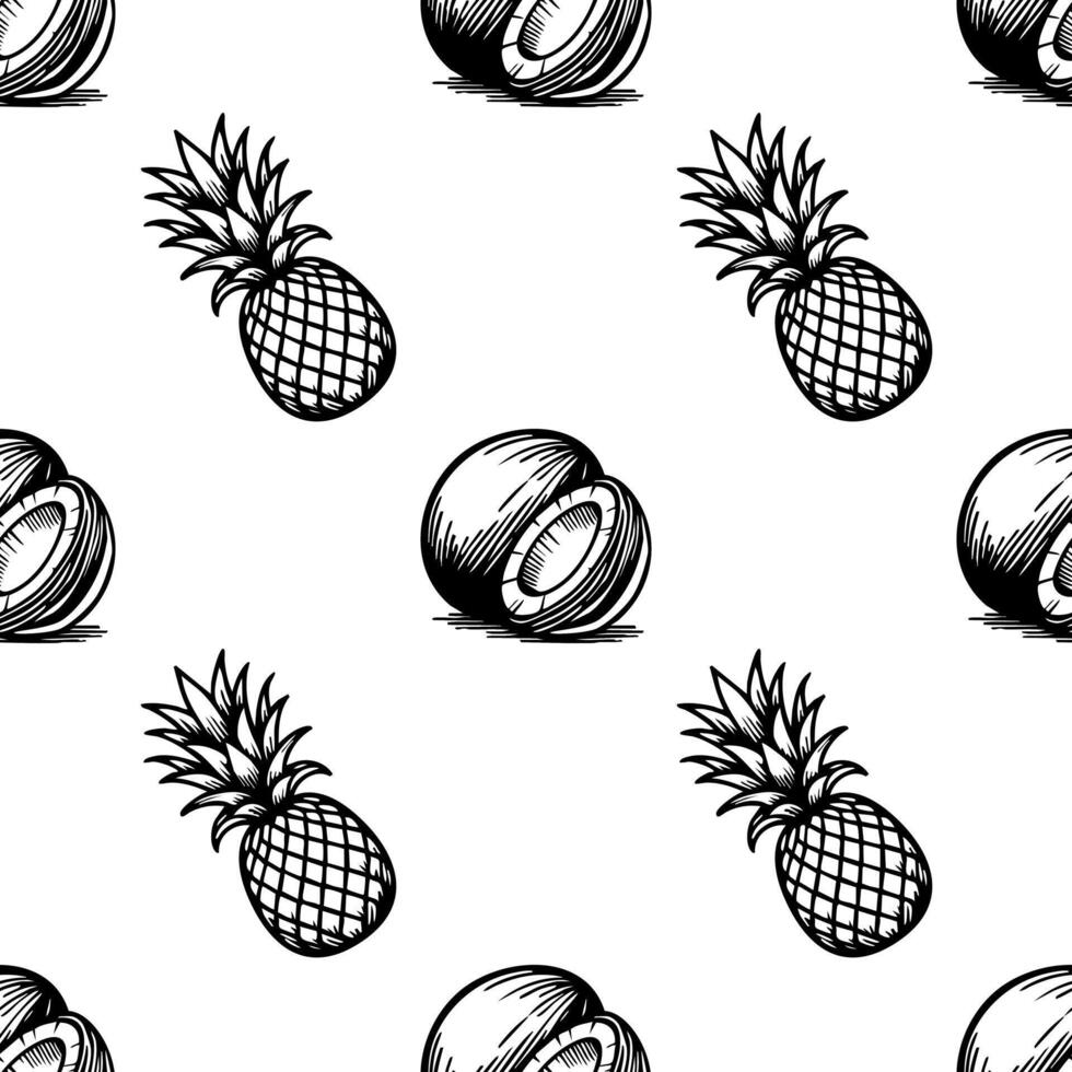A seamless pattern featuring hand-drawn pineapples and coconut on a white background. The design is playful and suitable for textiles or wallpapers. vector