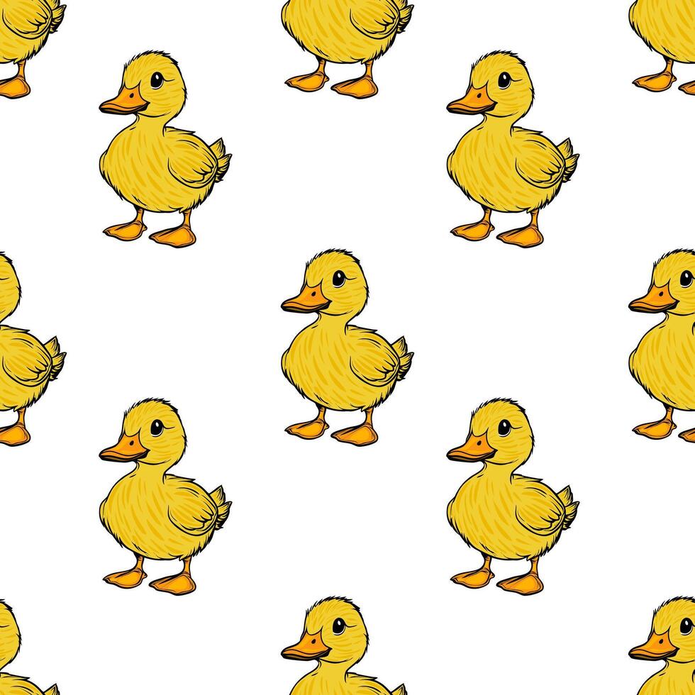 A repeating pattern of cute cartoon yellow ducks on a white background. Each duck is smiling and has a rounded body with small wings and webbed feet. vector