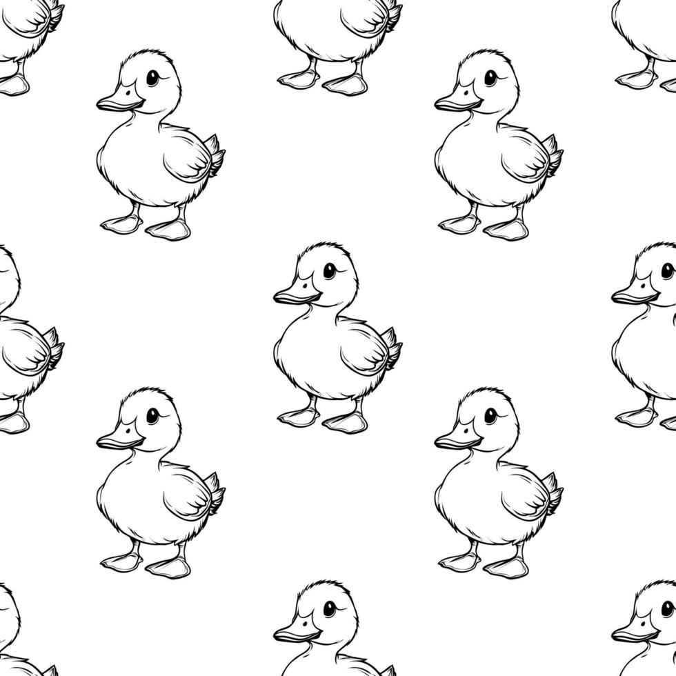 A seamless pattern featuring cute, hand-drawn ducklings in a simple black and white style. The ducklings are depicted in various poses, creating a playful and whimsical design. vector