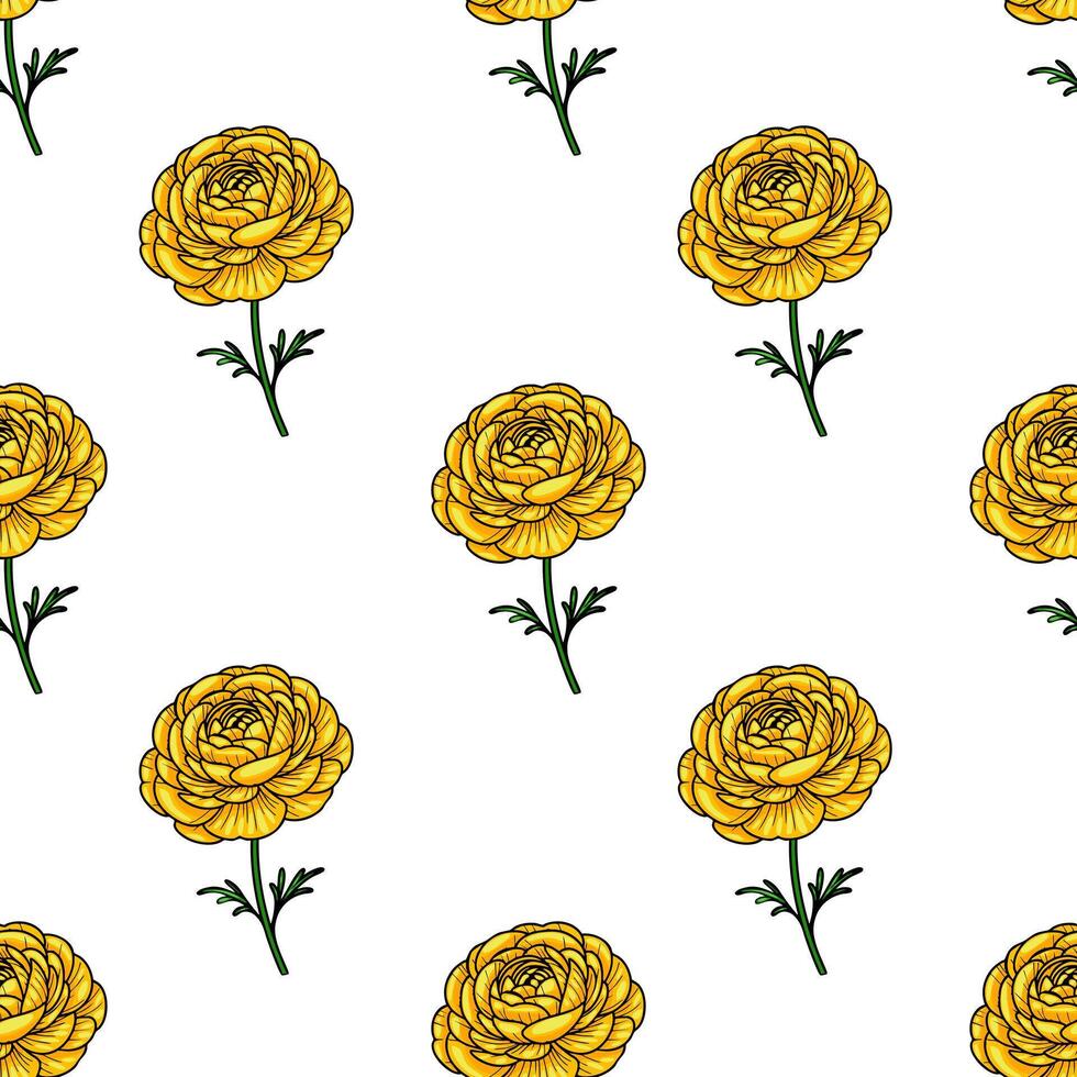 A seamless pattern featuring vibrant yellow flowers with green stems on a white background. The flowers are intricately detailed, showcasing their layered petals. vector