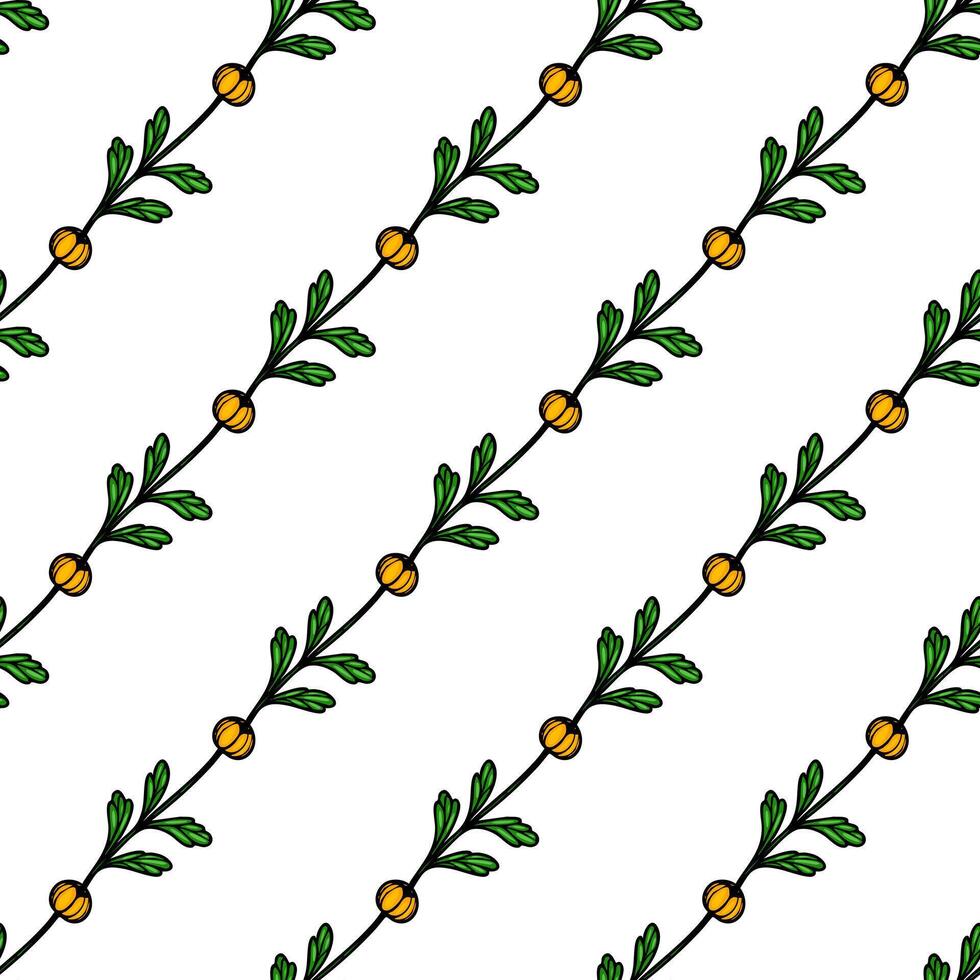 A seamless pattern featuring green leaves and yellow berries arranged diagonally on a white background. vector