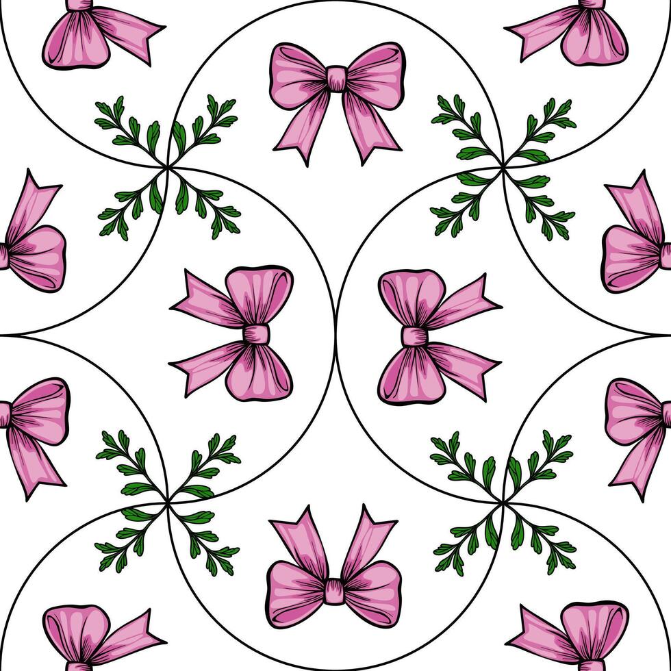 A seamless pattern featuring pink bows and green foliage on a white background. The design is elegant and suitable for various decorative purposes. vector