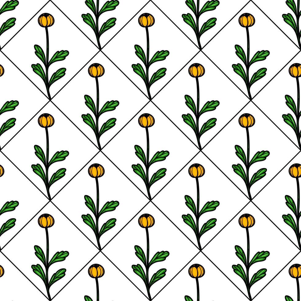 A seamless pattern featuring stylized flowers with yellow buds and green leaves arranged in a diamond grid on a white background. vector