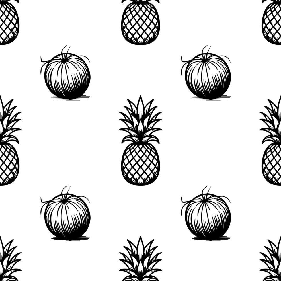 A seamless pattern featuring hand-drawn pineapples and round shapes on a white background. The design is playful and suitable for various applications such as textiles or wallpapers. vector