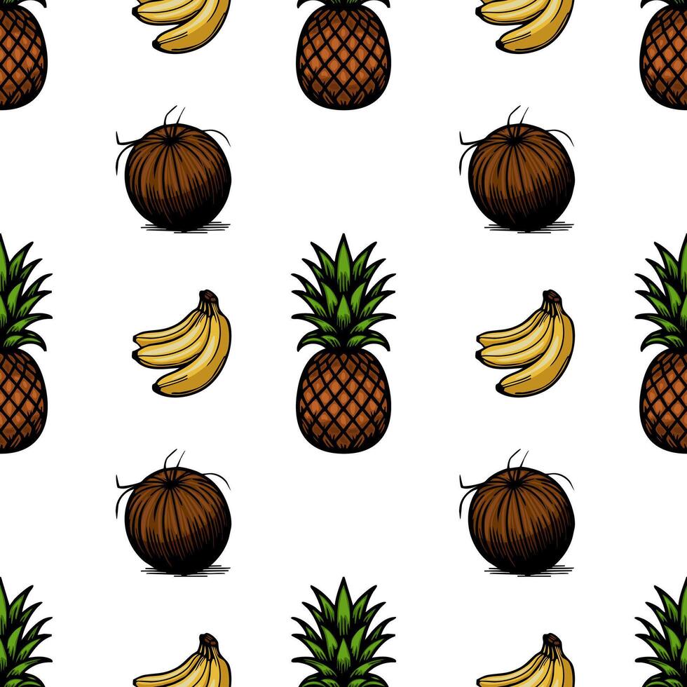 A seamless pattern featuring illustrations of pineapples, bananas, and coconuts on a white background. The fruits are cartoonish and colorful, creating a playful design. vector