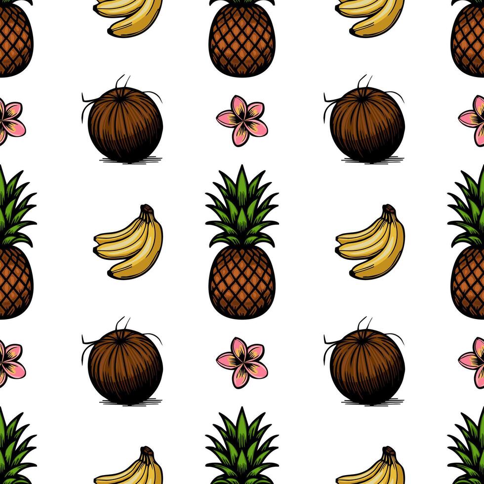 A seamless pattern featuring pineapples, bananas, coconuts, and pink flowers plumeria on a white background. The design is vibrant and tropical, perfect for summer themes. vector
