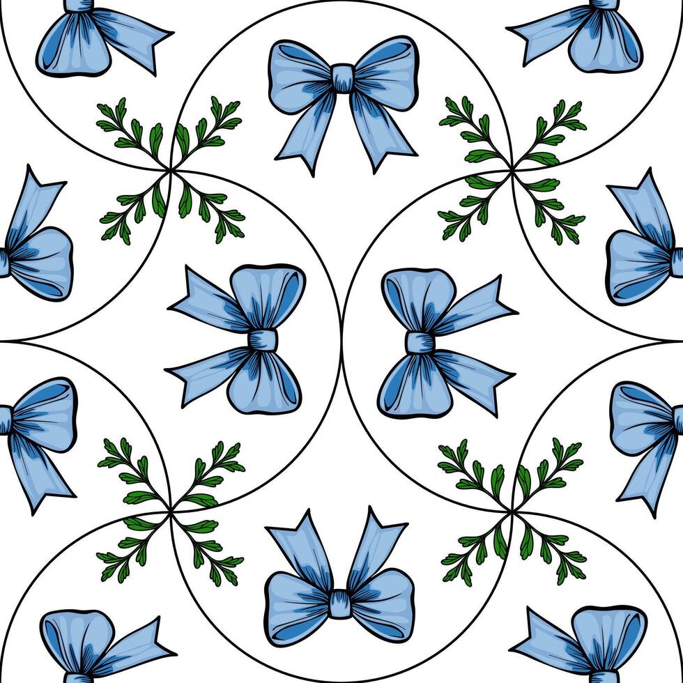 A seamless pattern featuring blue bows and green foliage on a white background. The design is elegant and suitable for various decorative purposes. vector