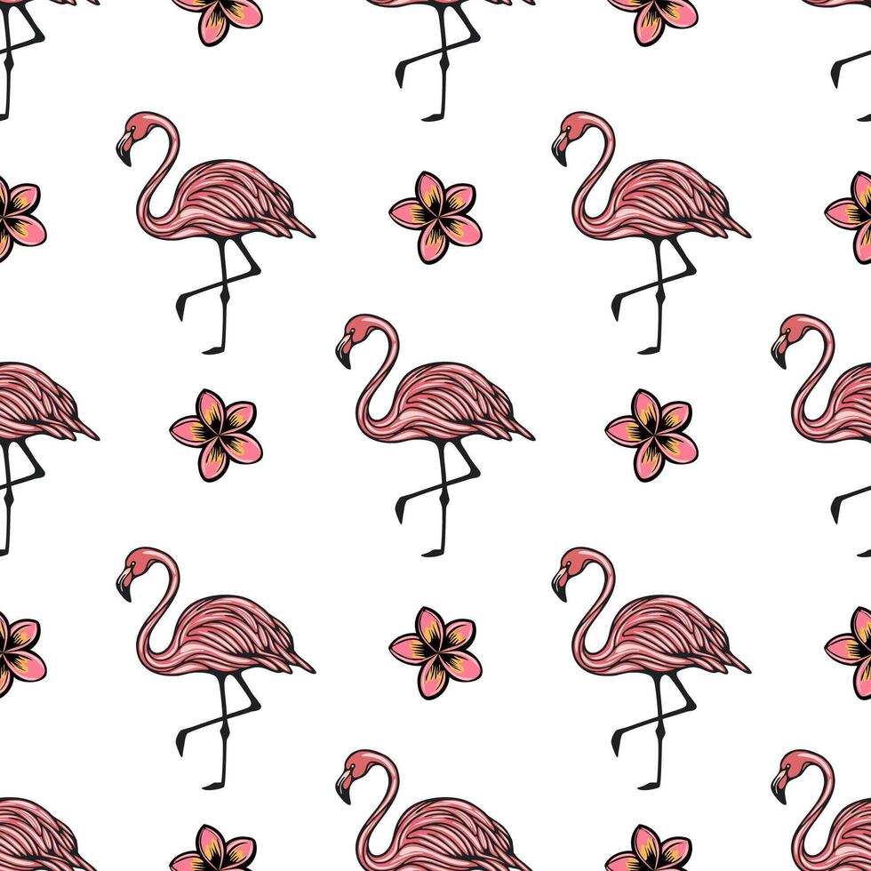 A seamless pattern featuring pink flamingos and plumeria on a white background. The flamingos are elegantly posed, showcasing their long legs and necks, surrounded by vibrant floral elements. vector