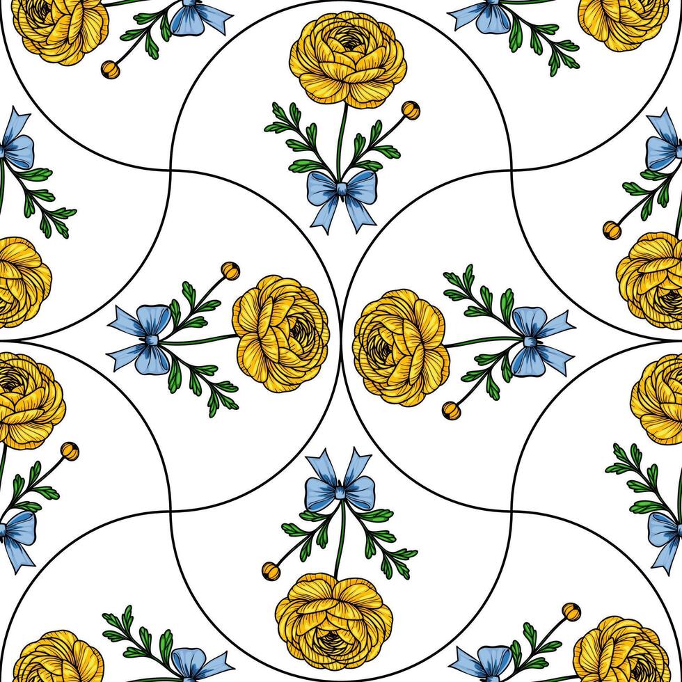 A seamless pattern featuring yellow flowers and blue bows arranged in a circular design. The flowers are detailed with green leaves, creating a vibrant and cheerful aesthetic. vector