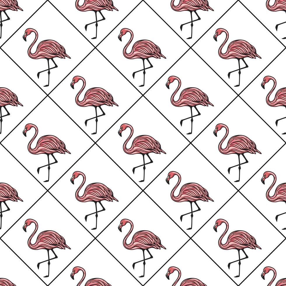 A seamless pattern featuring stylized pink flamingos on a white background. The flamingos are illustrated in a linear style, arranged in a diamond pattern. vector