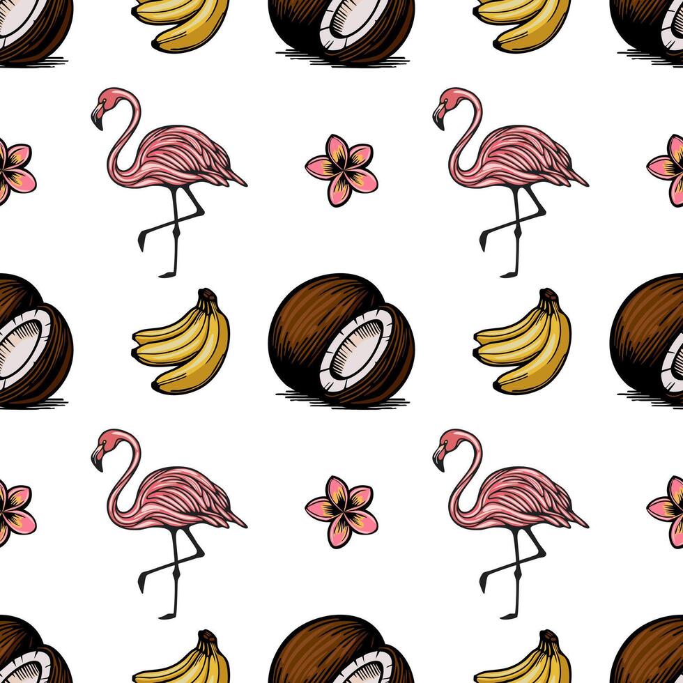 A seamless pattern featuring pink flamingos, bananas, coconuts, and tropical flowers plumeria on a white background. vector
