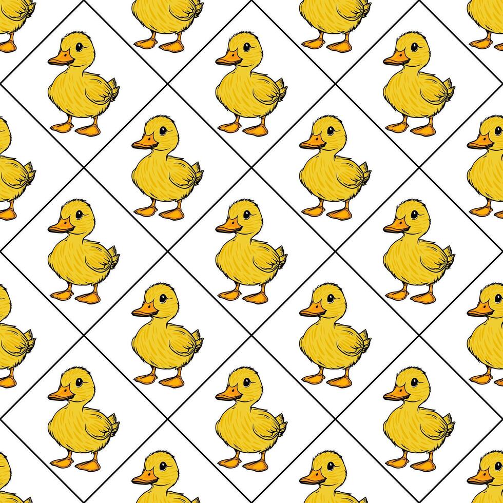A repeating pattern of cute yellow ducklings on a white background, arranged in a diamond layout. Each duckling is cartoonish with a fluffy texture and bright orange beak. vector