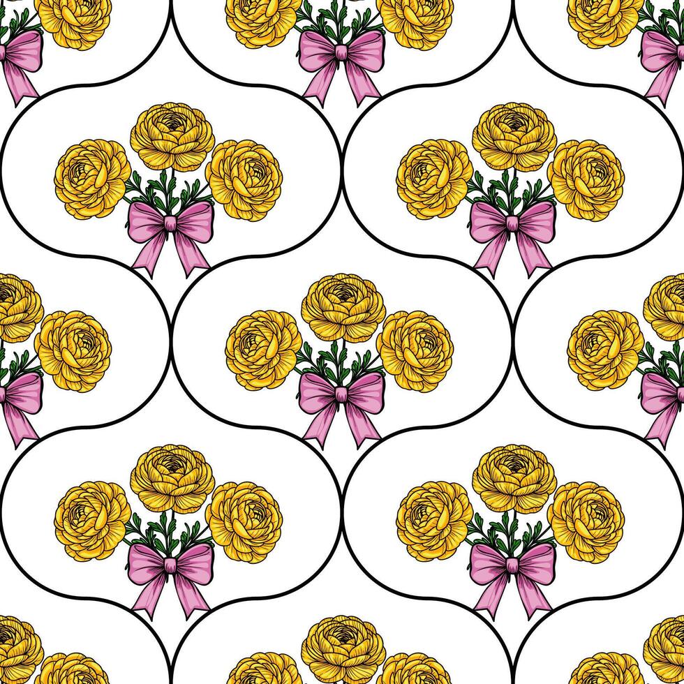 A seamless pattern featuring yellow flowers with green leaves and pink bows, arranged in oval shapes on a white background. vector