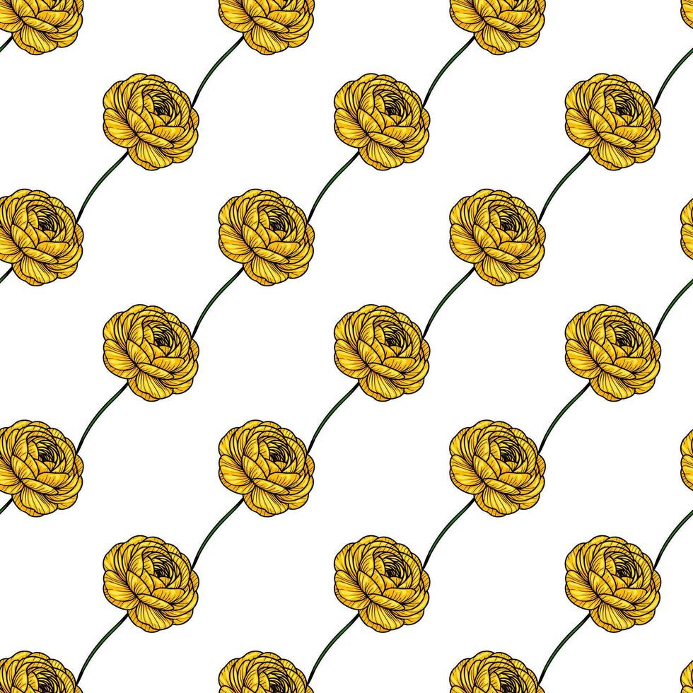 A seamless pattern featuring yellow roses with intricate detailing on a white background. The roses are arranged in a diagonal layout, showcasing their vibrant color and elegant design. vector