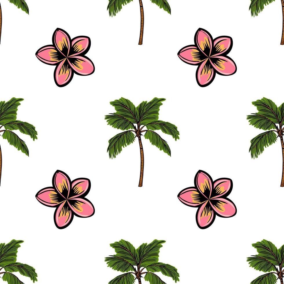 A seamless pattern featuring tropical elements, including palm trees and pink plumeria flowers on a white background. vector