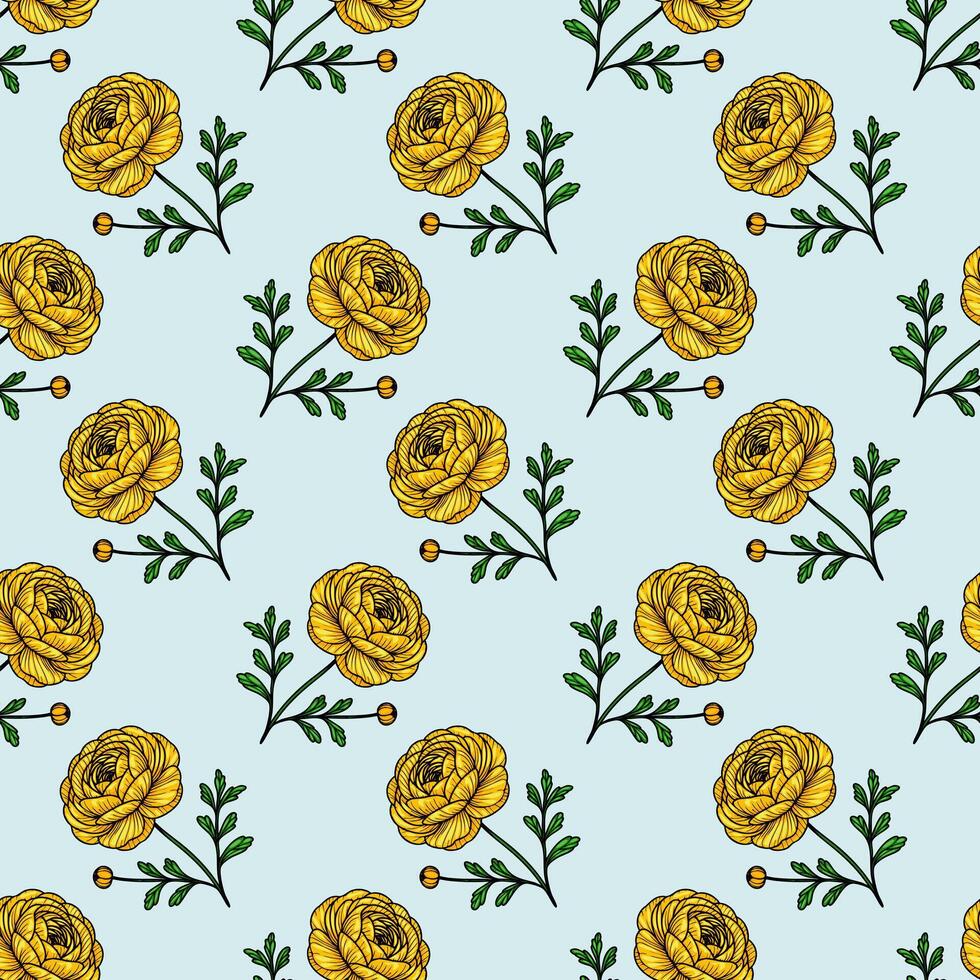 A seamless pattern featuring yellow flowers and green leaves on a light blue background. The design showcases intricate floral details, creating a vibrant and cheerful aesthetic. vector