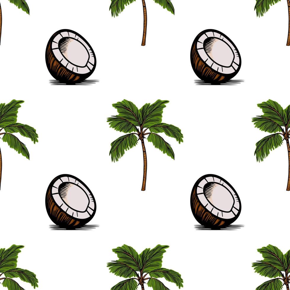 A seamless pattern featuring coconut halves and palm trees on a white background. The coconuts are illustrated with a brown shell and white interior. vector