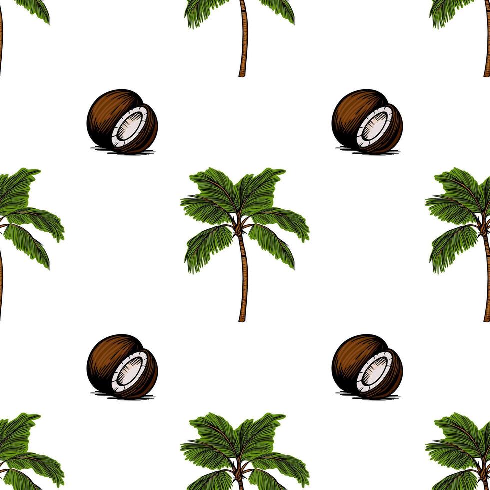 A seamless pattern featuring coconut halves and palm trees on a white background. The coconuts are brown with white flesh, while the palm trees have green fronds and brown trunks. vector