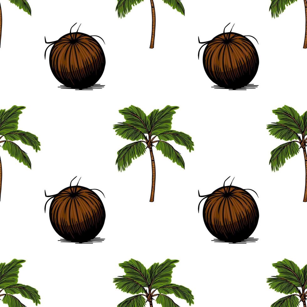 A seamless pattern featuring stylized coconut trees and coconuts. The design includes green palm leaves and brown coconuts against a white background, creating a tropical vibe. vector