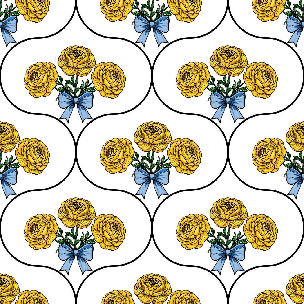 A seamless pattern featuring yellow flowers and blue bows on a white background. The design includes clusters of flowers surrounded by decorative elements, creating a cheerful look. vector