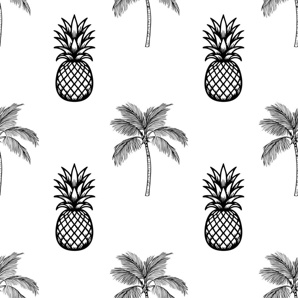 A seamless pattern featuring hand-drawn pineapples and palm trees on a white background. The design is playful and tropical, suitable for summer-themed projects. vector