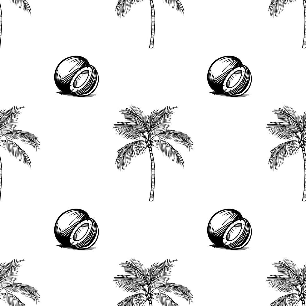 A seamless pattern featuring hand-drawn coconut halves and palm trees on a white background. The design is simple and tropical, ideal for summer-themed projects. vector