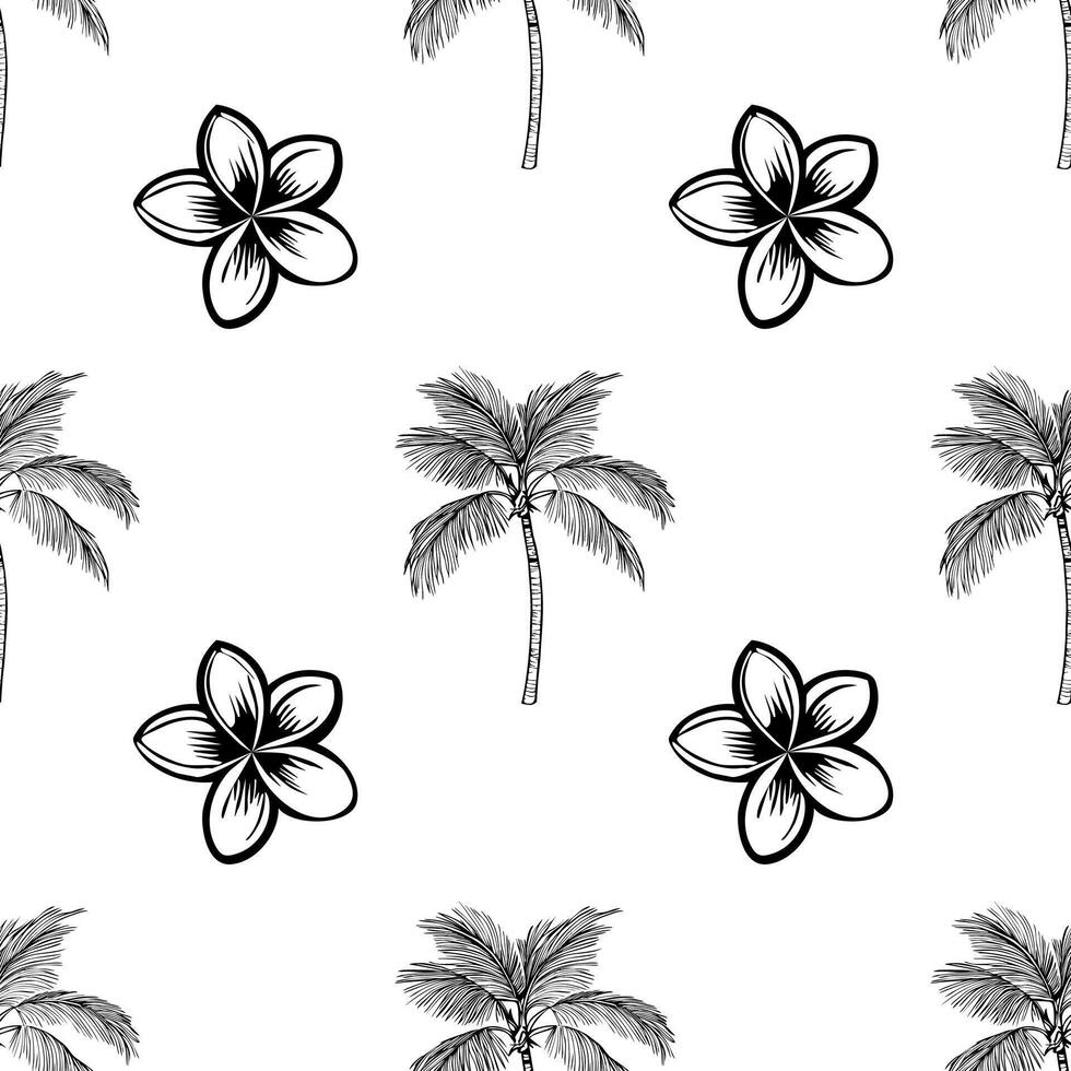 A seamless pattern featuring hand-drawn palm trees and plumeria flowers on a white background, creating a tropical and summery vibe. vector