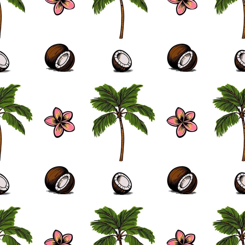 A seamless pattern featuring palm trees, coconuts, and pink flowers on a white background. The design is tropical and vibrant, perfect for summer-themed projects. vector