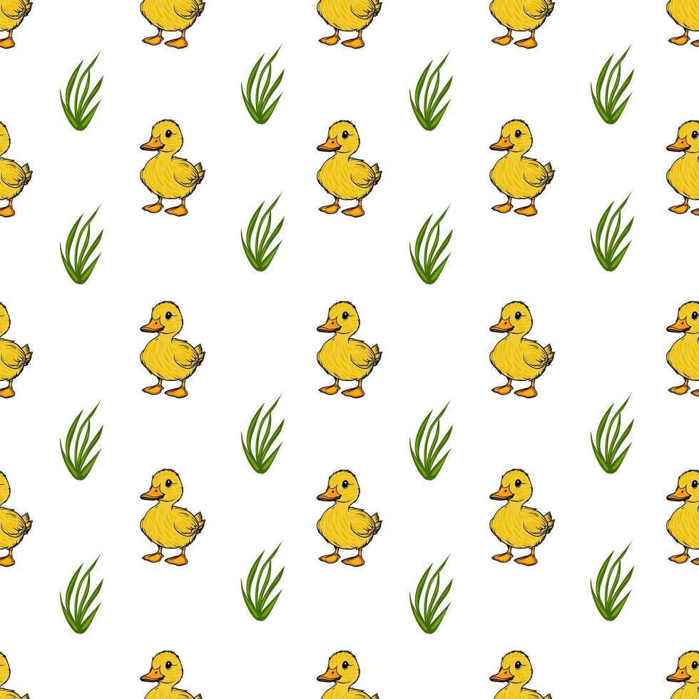 A seamless pattern featuring cute yellow ducklings and green grass on a white background. The ducklings are cartoonish, adding a playful touch to the design. vector