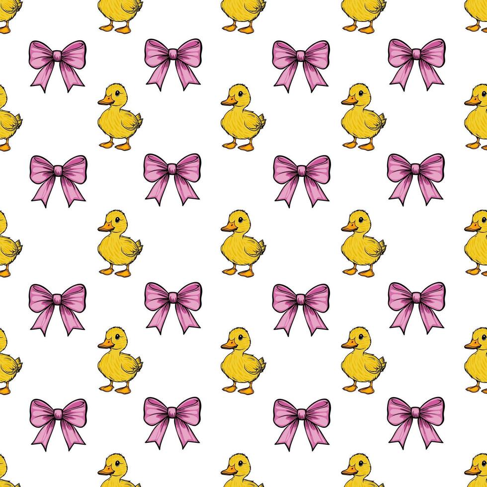 A repeating pattern featuring cute yellow ducklings and pink bows on a white background. vector
