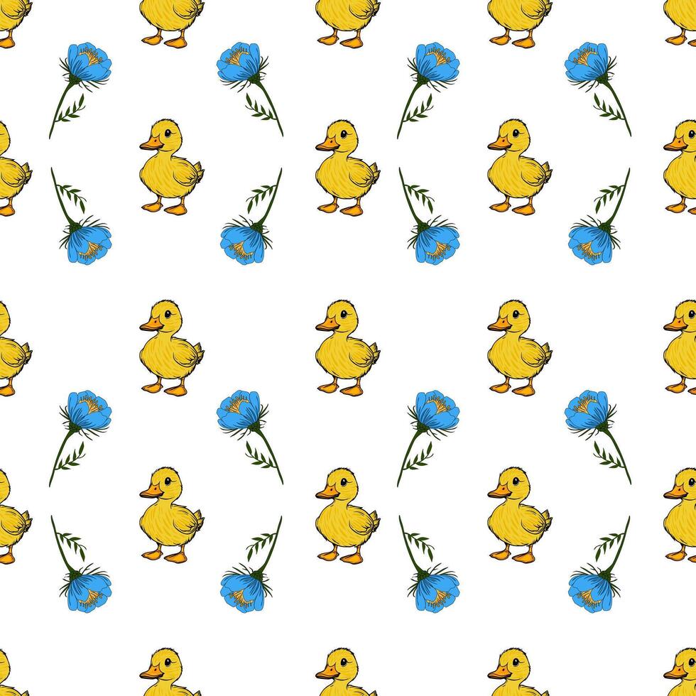 A seamless pattern featuring cute yellow ducklings and blue flowers on a white background. The design is playful and suitable for children's products or spring-themed items. vector