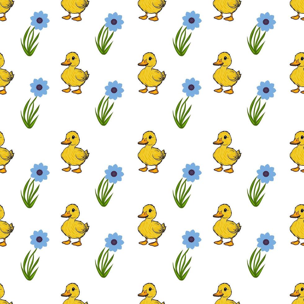 A repeating pattern featuring cute yellow ducklings and blue flowers with green stems on a white background. vector