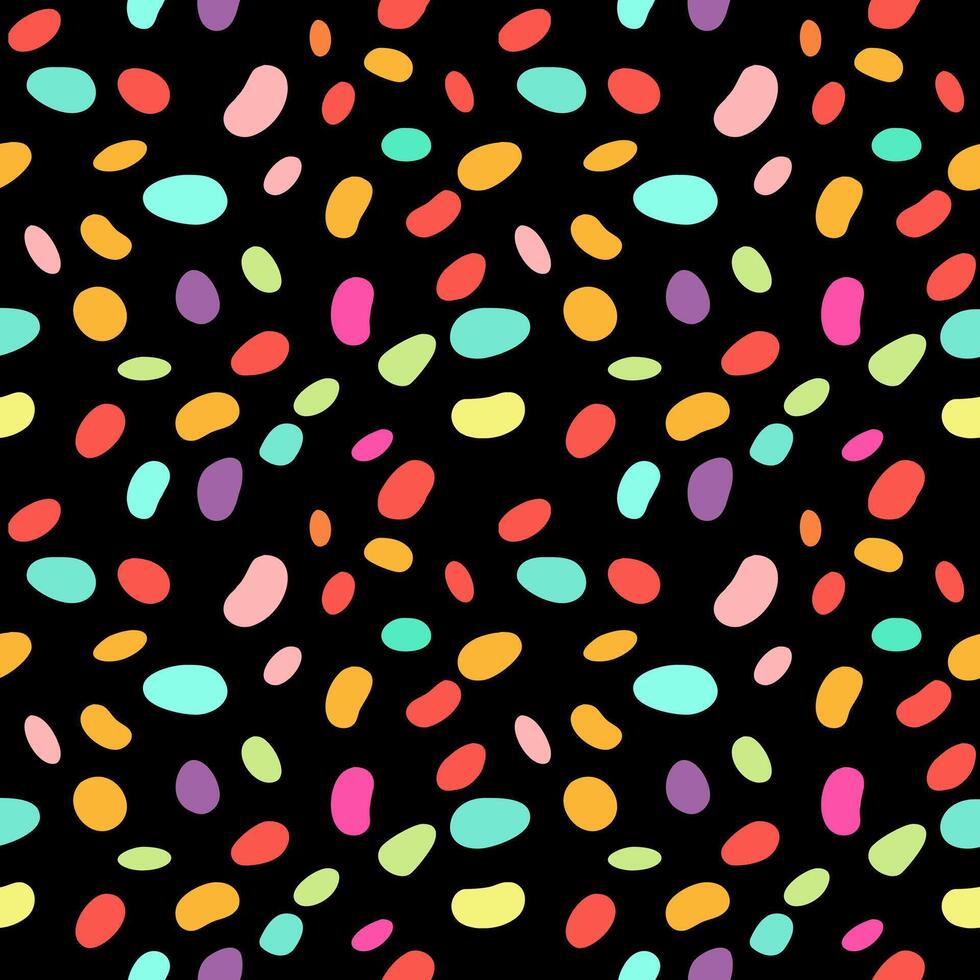 A vibrant pattern featuring colorful, abstract shapes resembling beans or pebbles on a black background. The shapes are in various colors including pink, orange, green, purple, and blue. vector