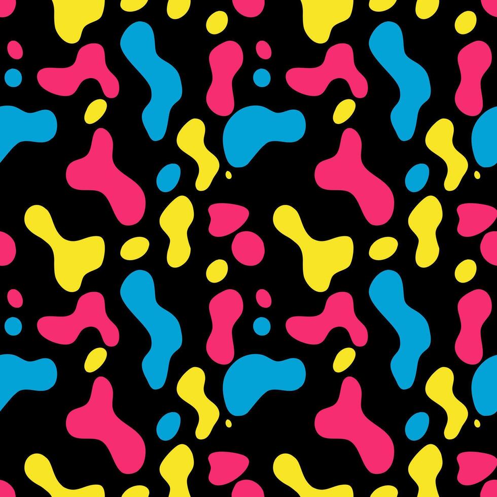 A vibrant abstract pattern featuring colorful shapes in pink, blue, and yellow against a black background. The design is playful and modern, suitable for various creative projects. vector