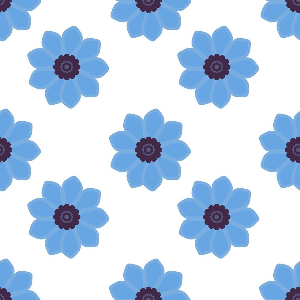 A seamless pattern featuring stylized blue flowers with dark centers on a white background. The design is cheerful and vibrant, suitable for textiles or wallpapers. vector