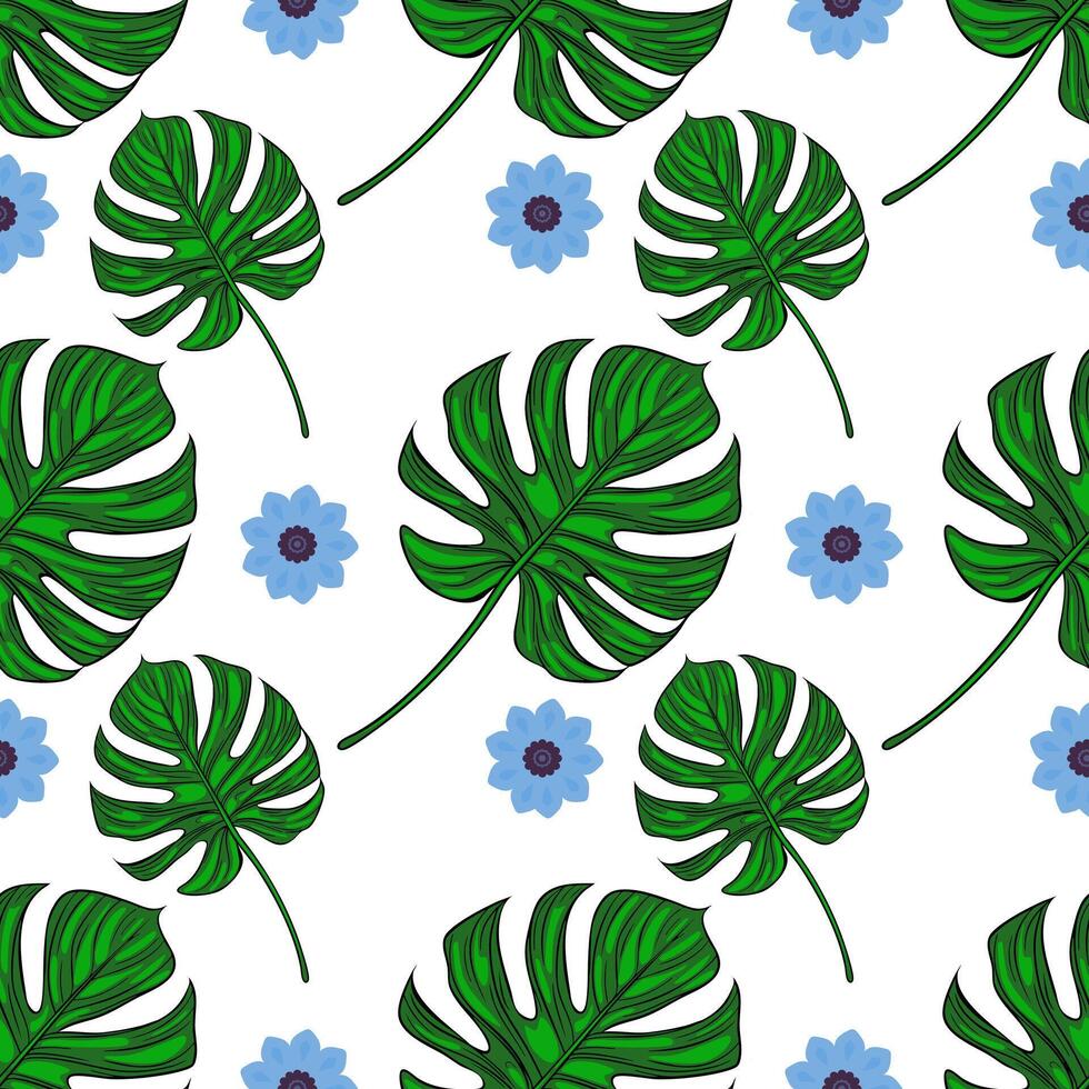A seamless pattern featuring large green monstera leaves and blue flowers on a white background. The design is vibrant and tropical, perfect for summer themes. vector
