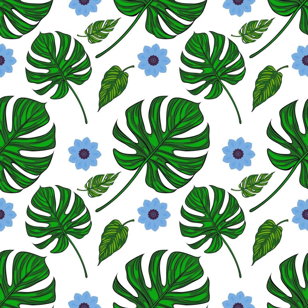A vibrant pattern featuring various green tropical leaves and blue flowers on a white background. The design is lively and suitable for fabric or wallpaper. vector
