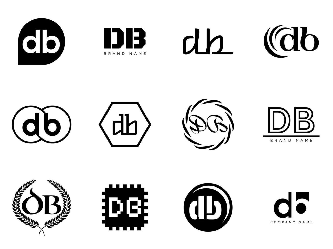 DB logo company template. Letter d and b logotype. Set different classic serif lettering and modern bold text with design elements. Initial font typography. vector