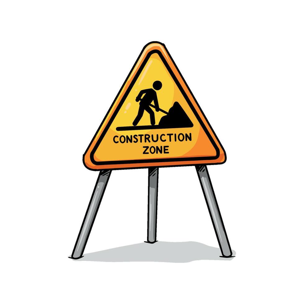 Caution sign in construction zone with worker pictogram and text warning. vector