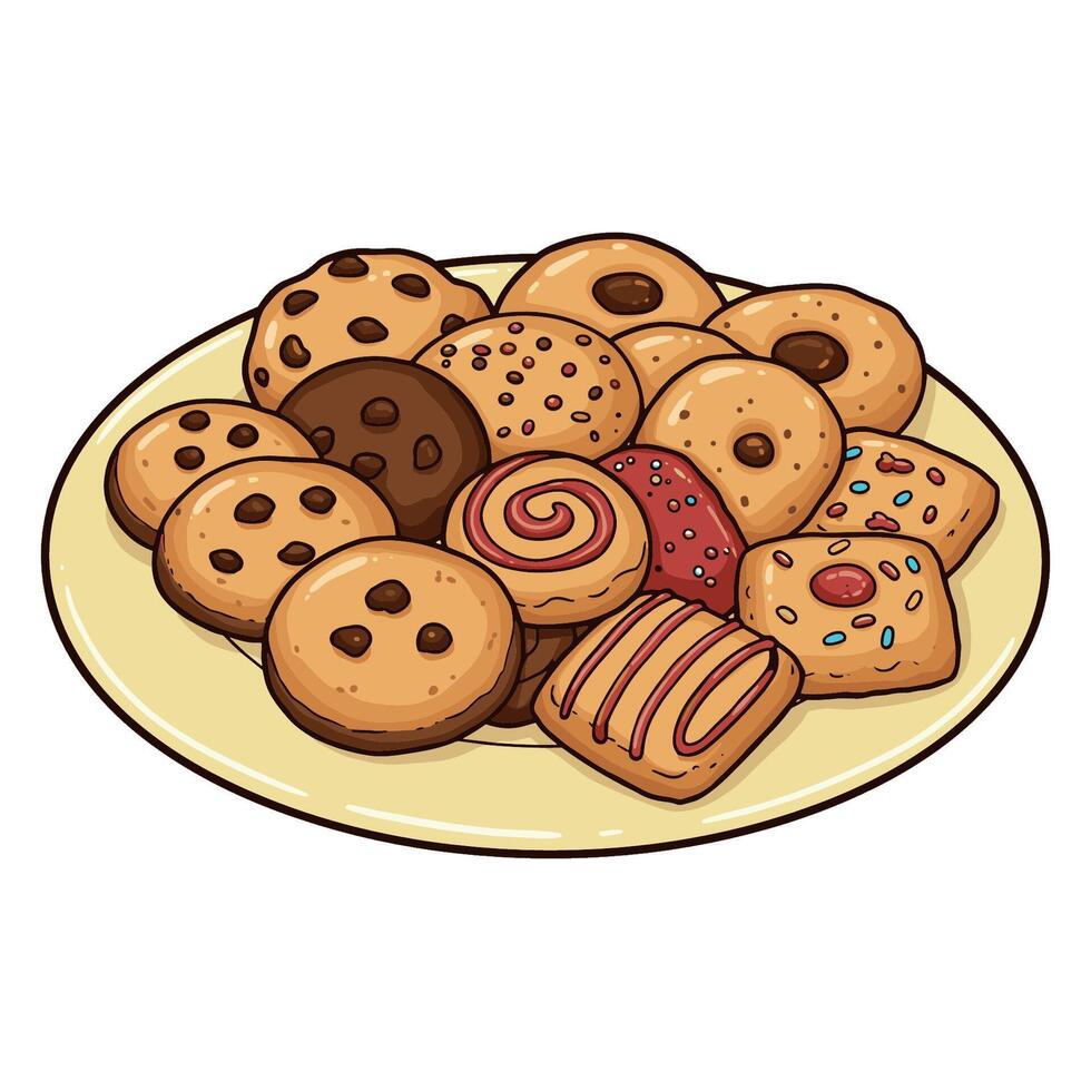 Assorted cookies on plate with chocolate and sprinkles. vector