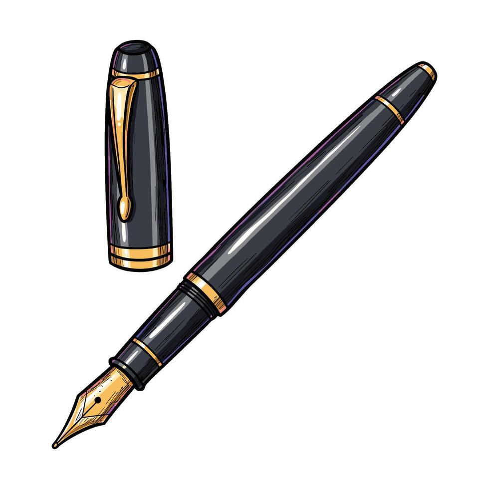 Elegant black and gold fountain pen with removable cap. vector