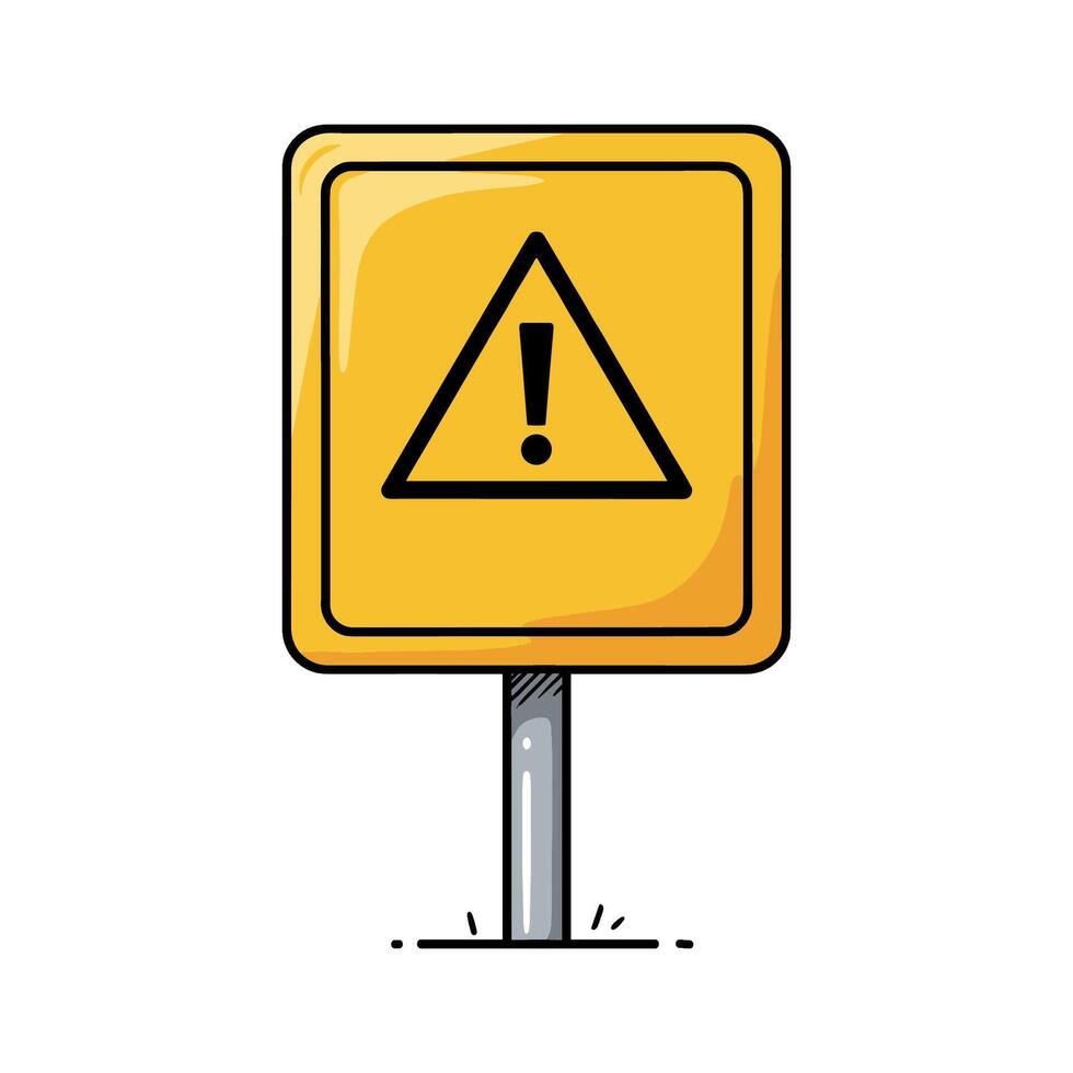 Yellow caution sign with exclamation mark on pole for hazard warning. vector