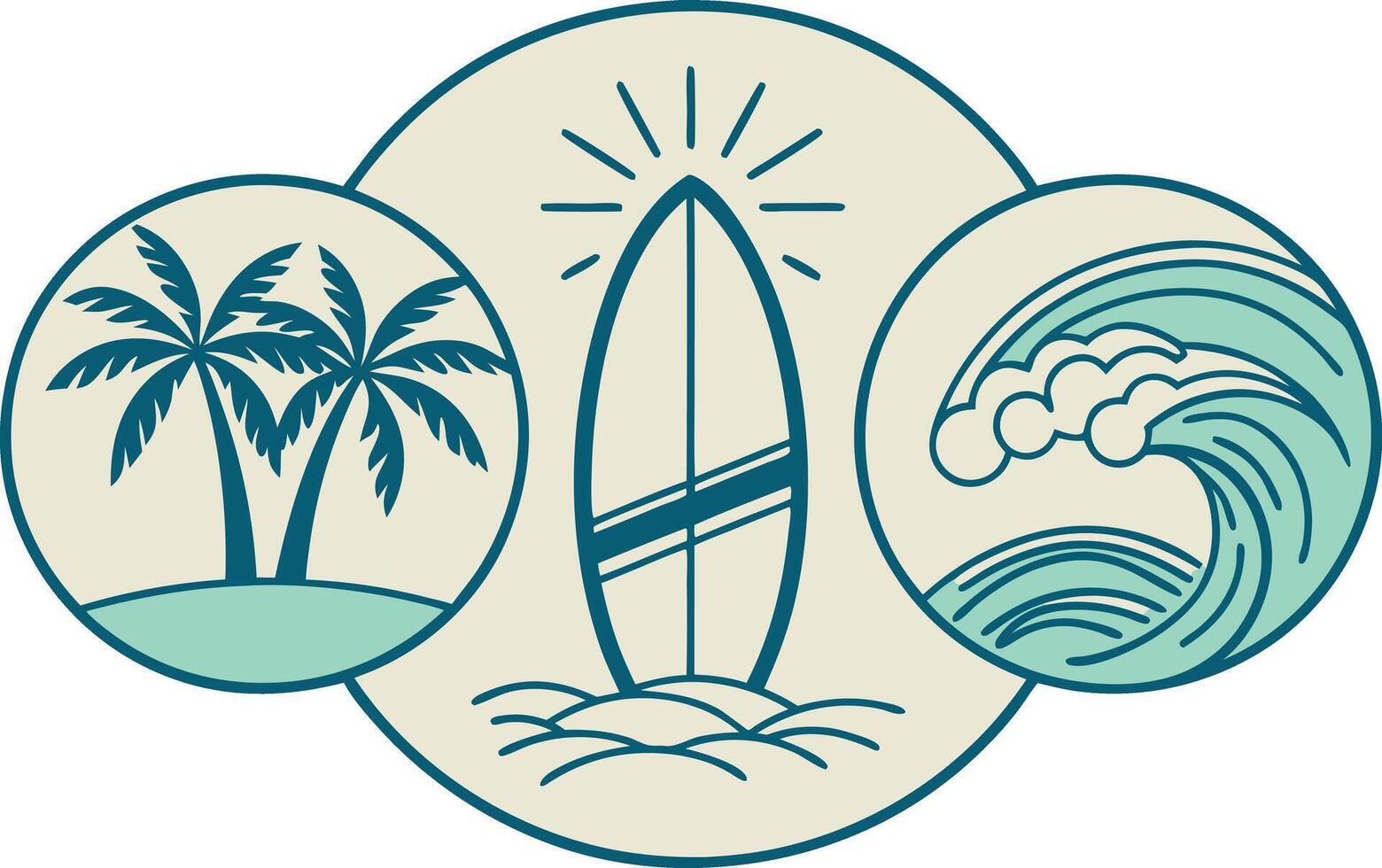Surfboard wave and palm trees in circles ocean beach vector