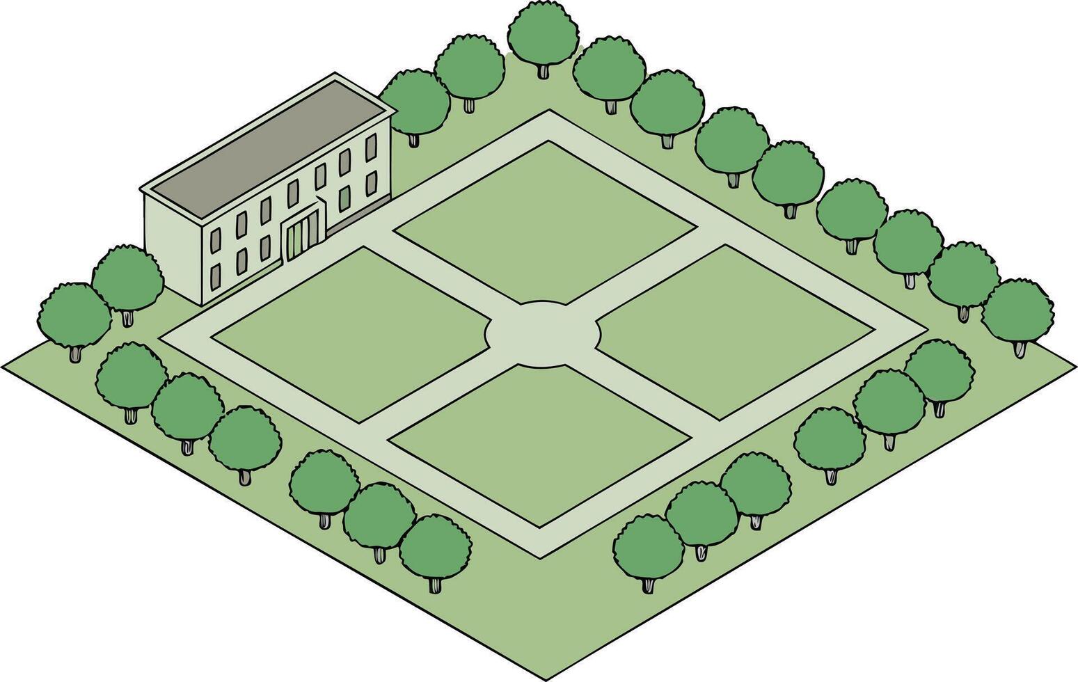 Isometric building with manicured garden and trees vector