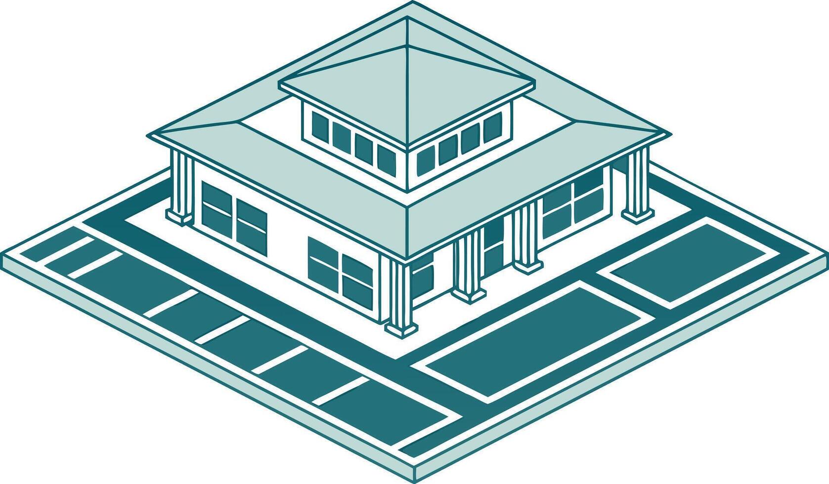 Teal and white isometric building with columns and windows vector