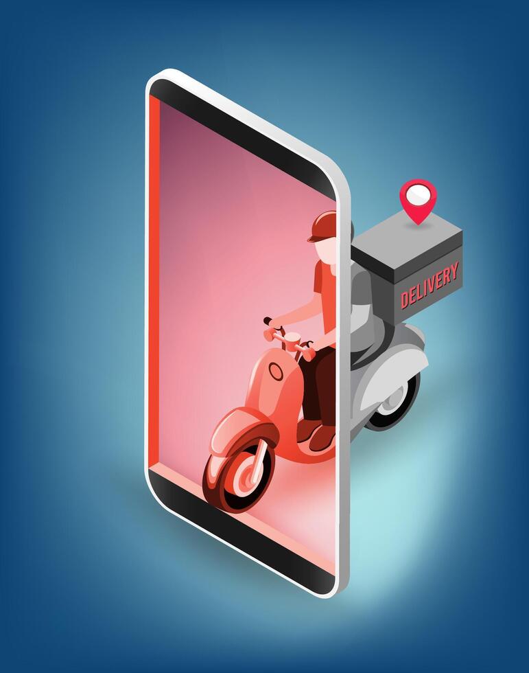 Delivery scooter emerging from smartphone vector
