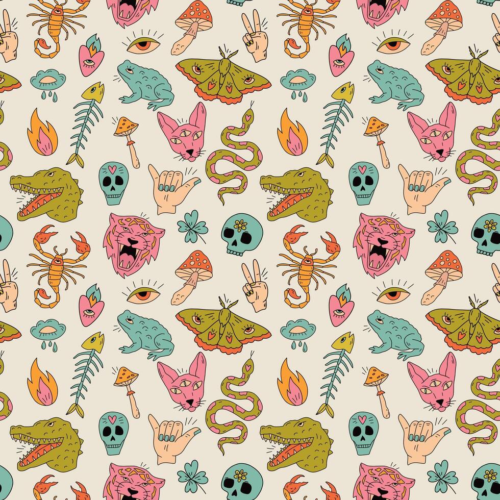 Seamless pattern featuring primitive doodle style illustrations with psychedelic elements in a retro colour palette. Images of skulls, animals, hearts, snakes, mushrooms, eyes, scorpion, toad vector