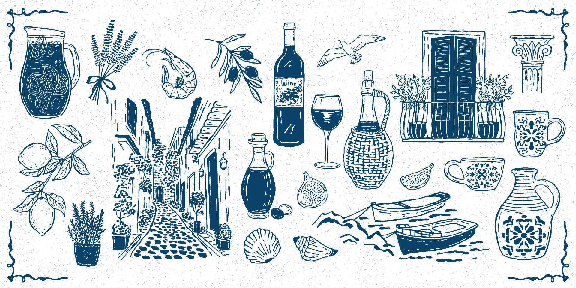 A collection of hand-drawn illustrations featuring Mediterranean food. Includes icons and symbols of seafood, cheese, vegetables, and wine vector