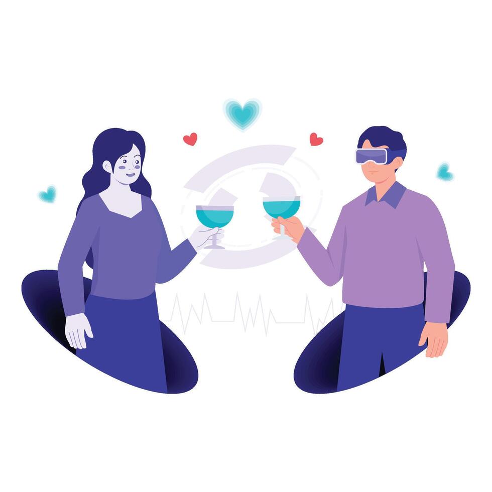 A couple toasting drinks during a romantic virtual date in the metaverse using VR technology. vector