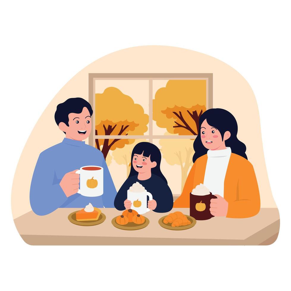 A cheerful family shares a cozy autumn breakfast indoors, with warm drinks and seasonal pastries near a window with fall scenery. vector